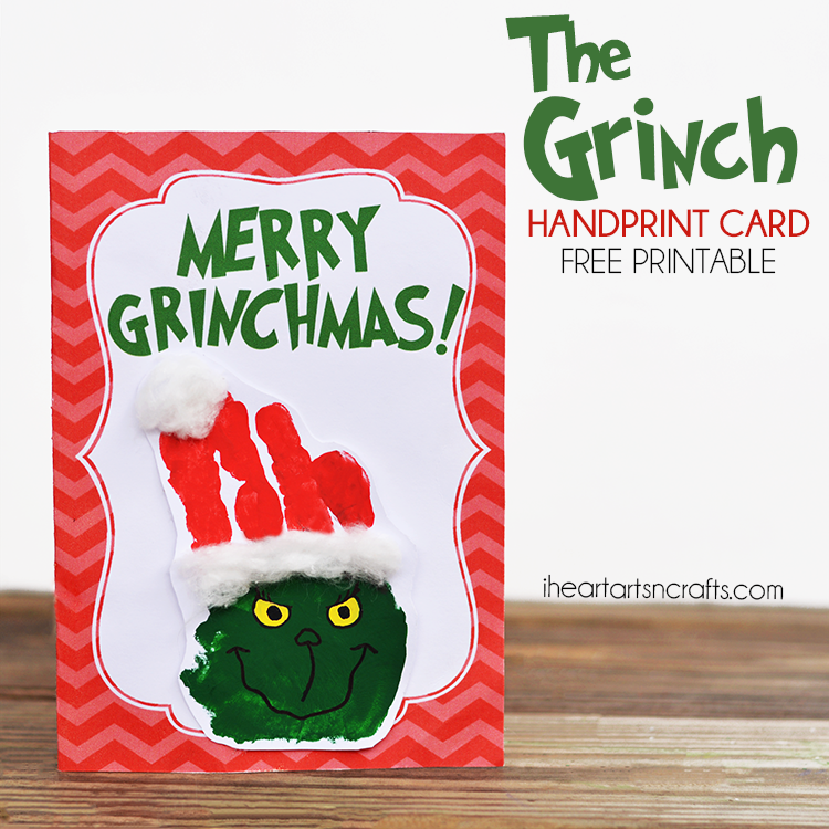 grinch handprint Christmas card craft with free printable card