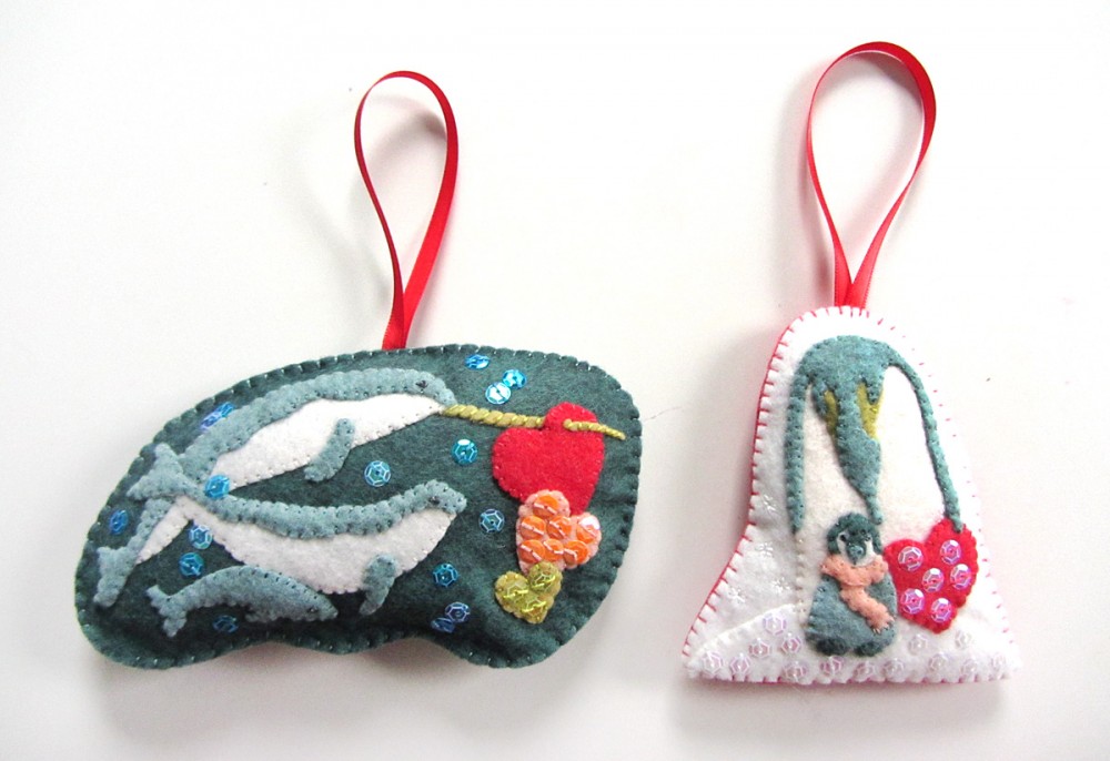 penguin and narwhal arctic animal felt Christmas ornament pattern and tutorial