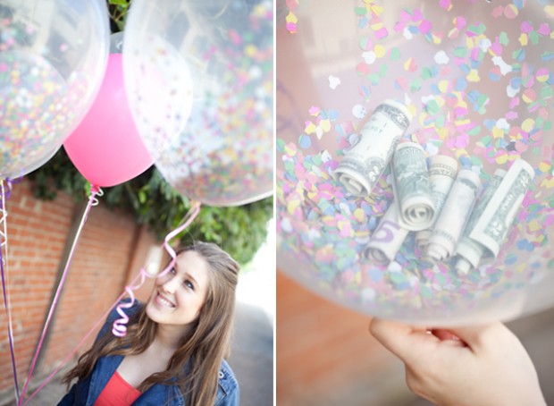 cash in a clear, confetti filled balloon