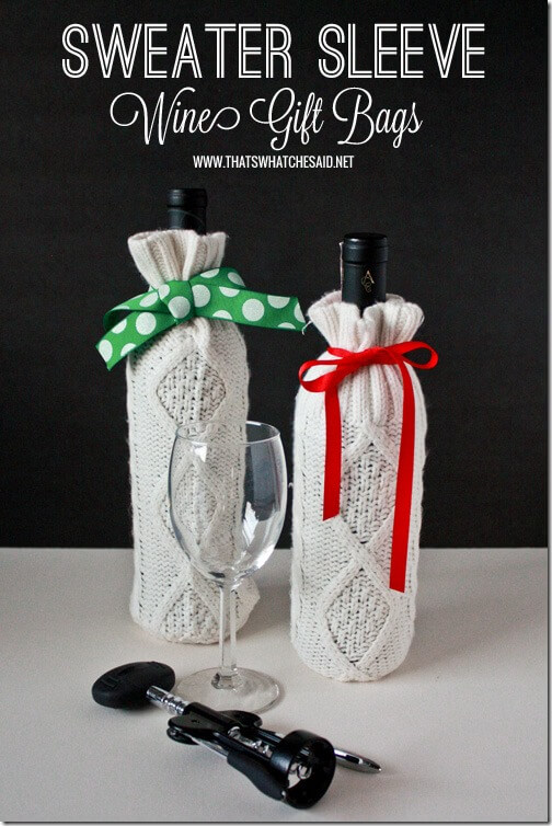 Sweater sleeve knitted no sew wine bottle cover tutorial