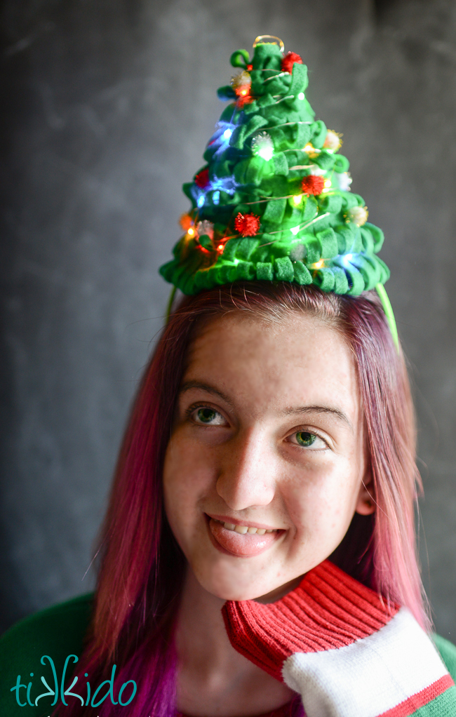 DIY light up christmas tree ugly Christmas sweater party hat tutorial