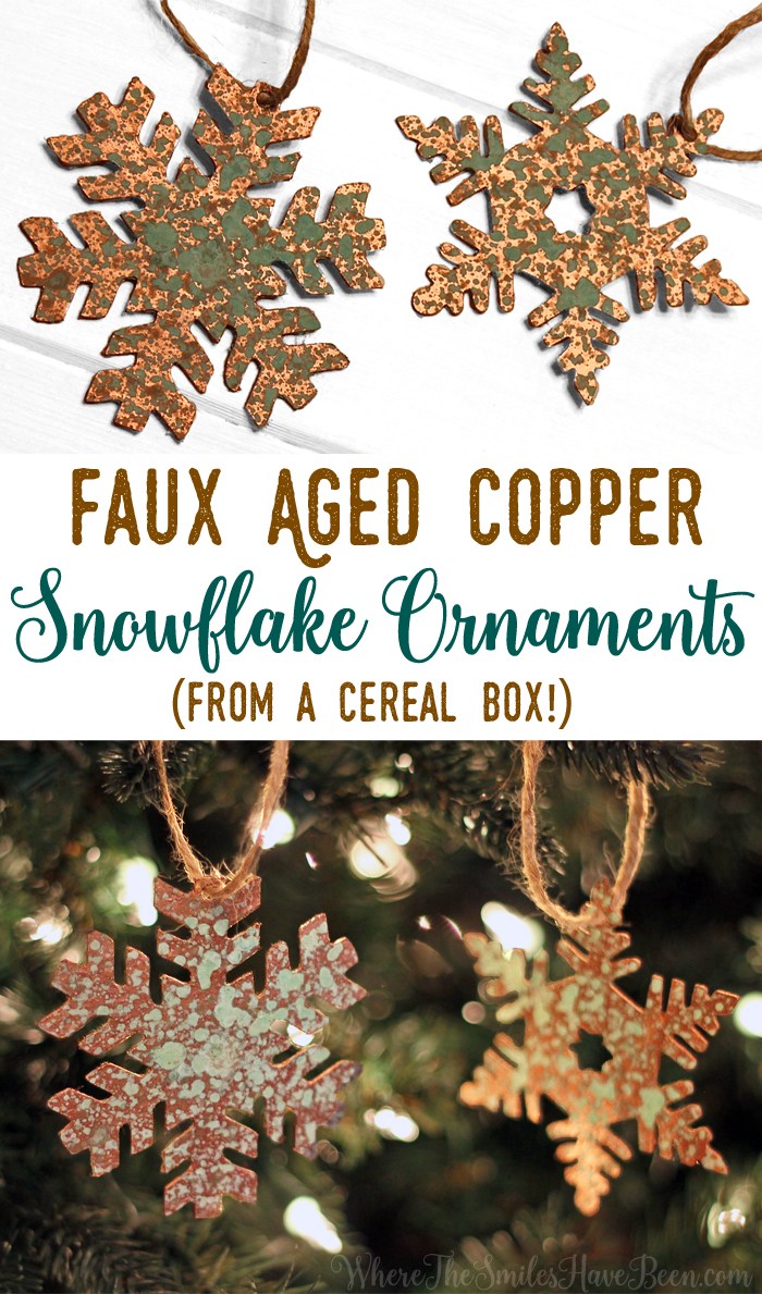 faux aged copper Christmas ornament out of cardboard