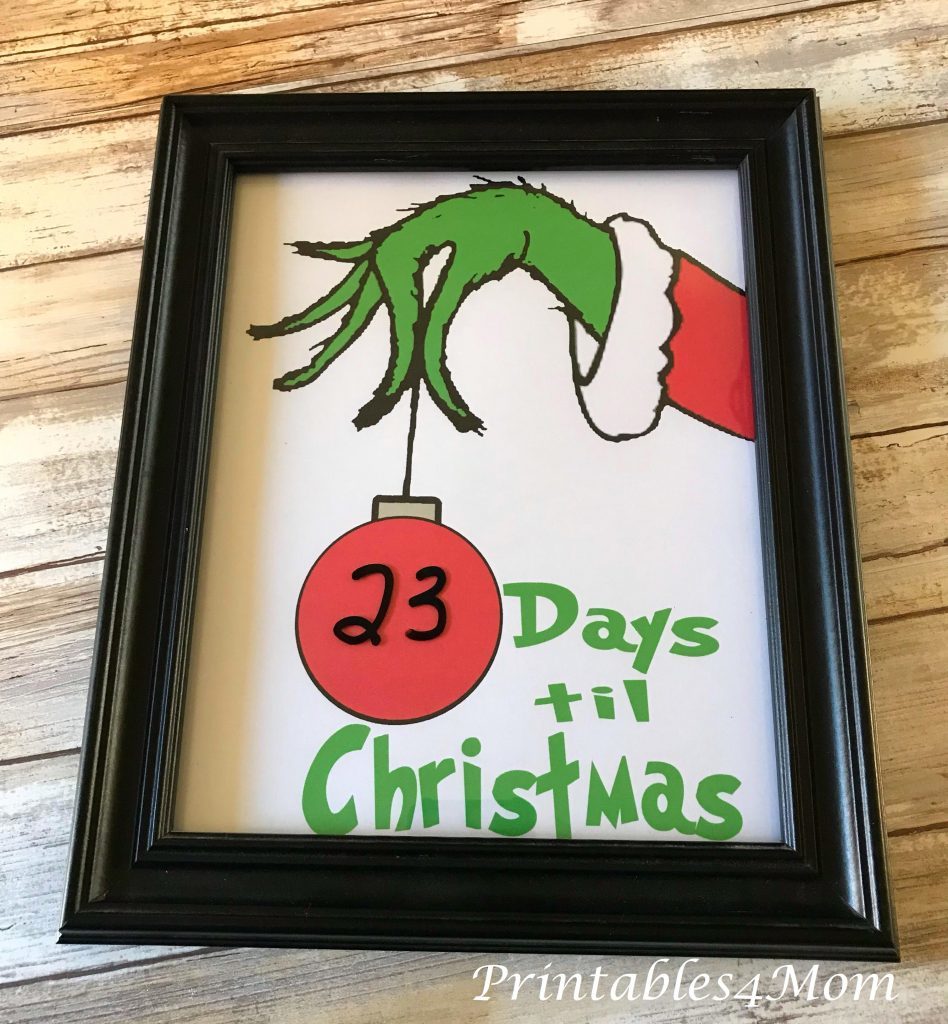 Grinch themed countdown printable advent calendar for Christmas
