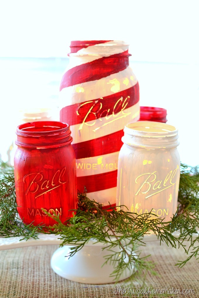 Chalky paint mason jar candy cane inspired candle holder centerpiece tutorial