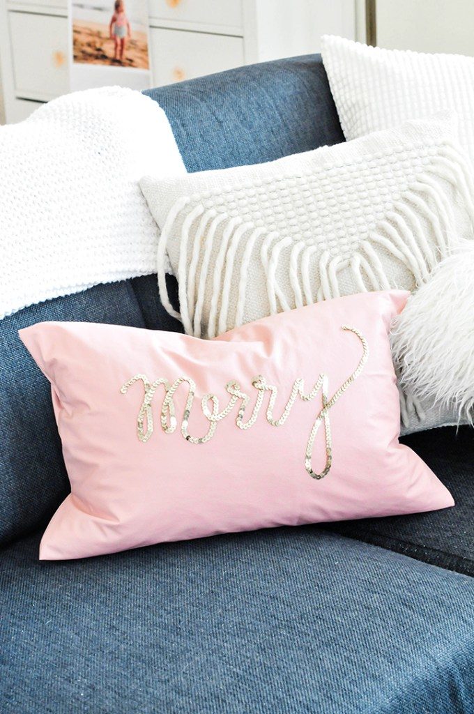 Sequin text Christmas pillow tutorial