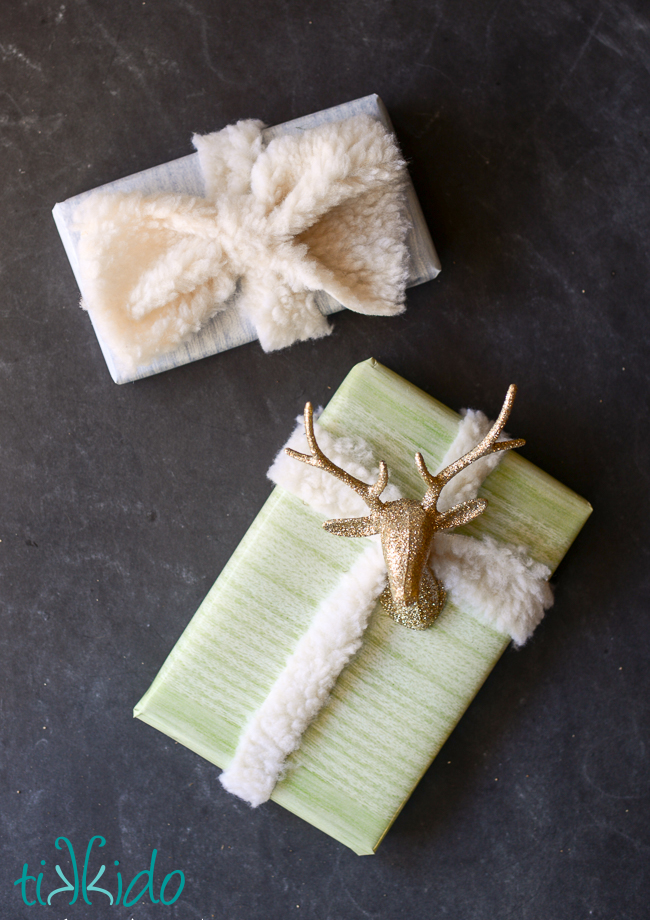 free printable wood grain wrapping paper and faux shearling DIY ribbon