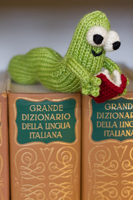adorable little knit bookworm to perch on your bookshelf