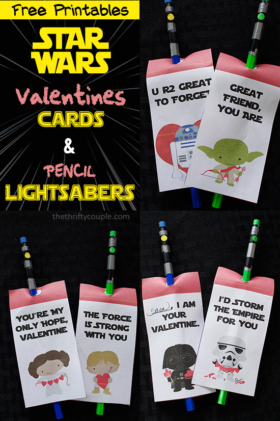 Free Star Wars printable valentines and tutorial for lightsaber pencils