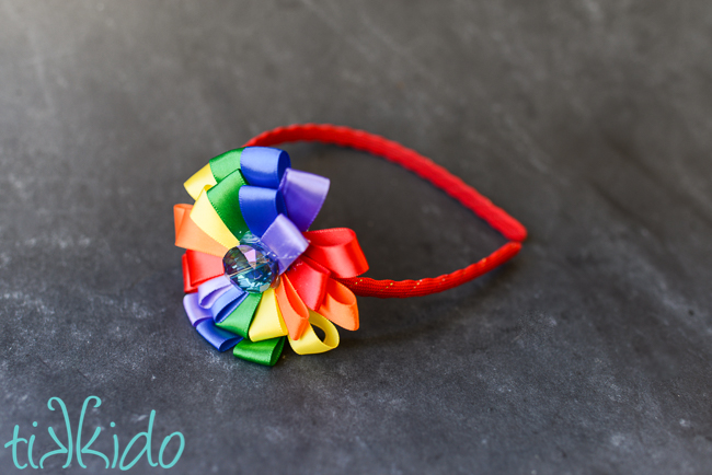 Rainbow ribbon flower headband tutorial