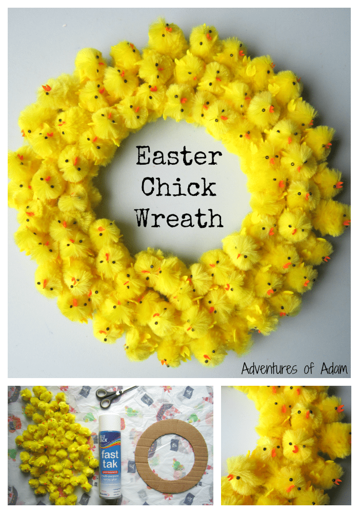 Easter wreath made of fluffy yellow artificial chicks, on a white surface