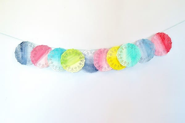 watercolor doily garland on a white backdrop